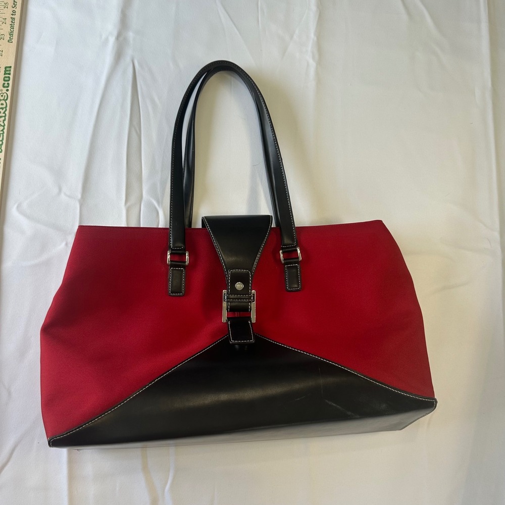City DKNY Red Canvas Black Leather Trim Tote Shoulder Bag Buckle Detail